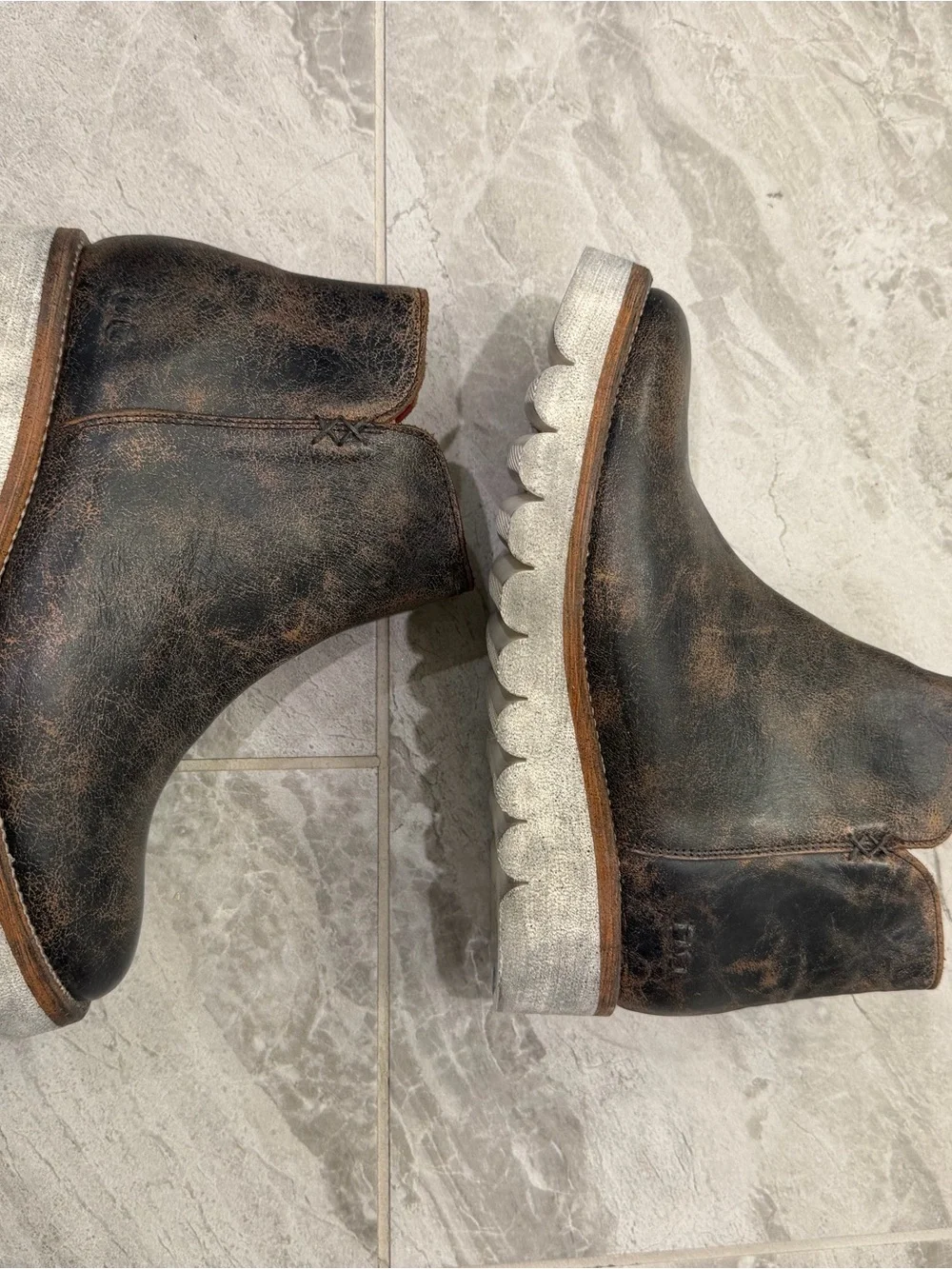 Bed Stu Distressed Dark Brown Leather Ankle Booties with White Scalloped Sole